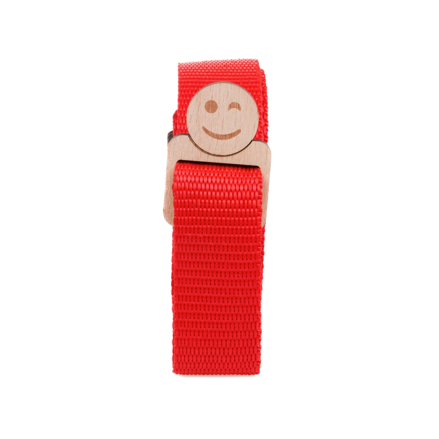 Packed Red fabric neckstrap designed for Jollylook cameras, featuring a sturdy natural wood lock for securely carrying the camera.