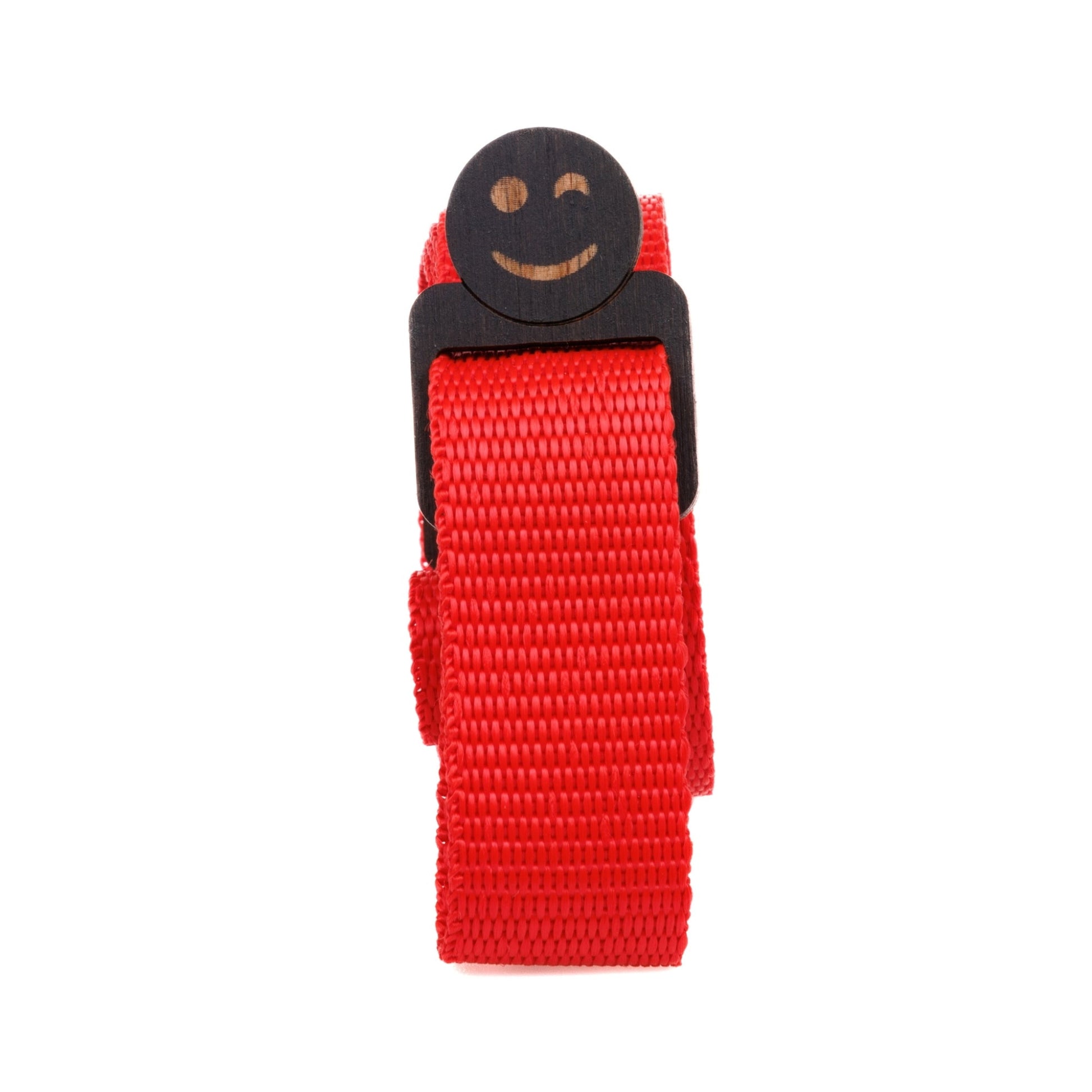 Packed Red fabric neckstrap designed for Jollylook cameras, featuring a sturdy natural wood lock for securely carrying the camera.