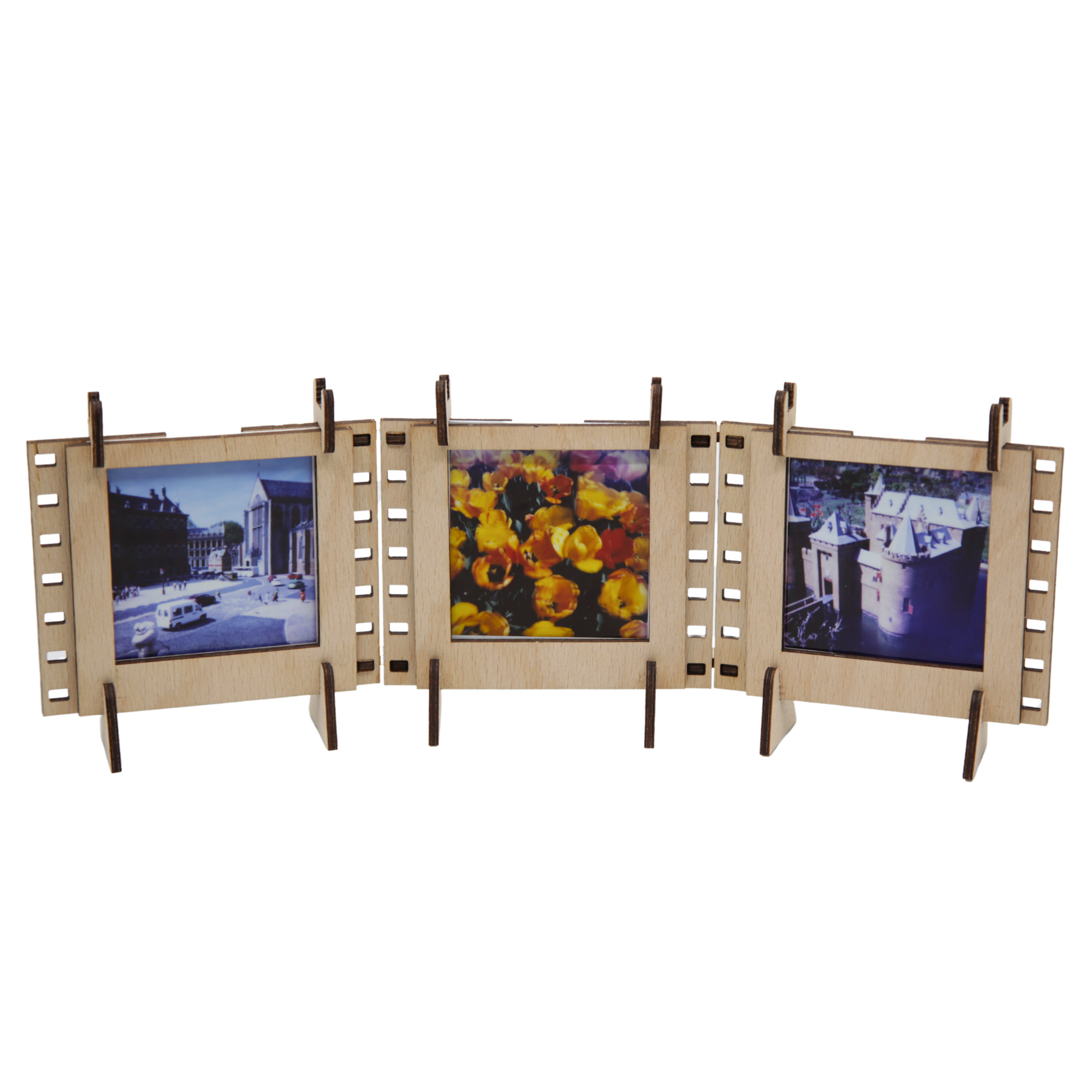  A set of three natural wood interconnectable Instax SQUARE film photo frames for instant SQUARE photos. 