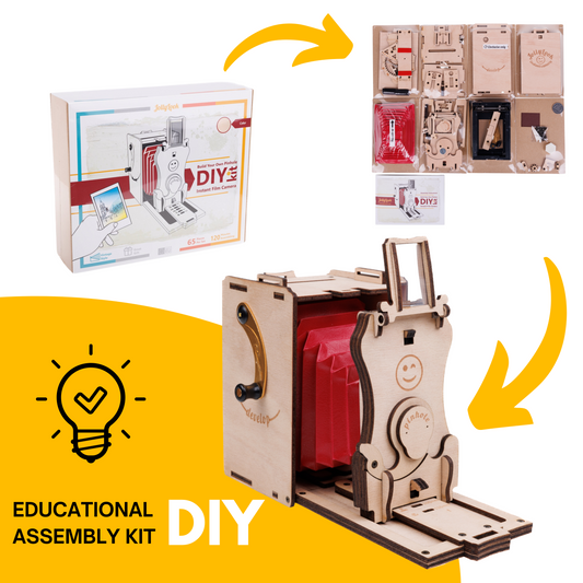 mage showcasing three distinct stages of the Educational Assembly DIY Pinhole Instant Film Camera Kit for Self Assembly in a Natural Wood variant, arranged against a white background. On the left, is the sturdy box of the kit, on the right, the kit is opened to reveal an orderly display of all the components, and in the center, the successfully assembled camera, showcasing the end result of the assembly process. 