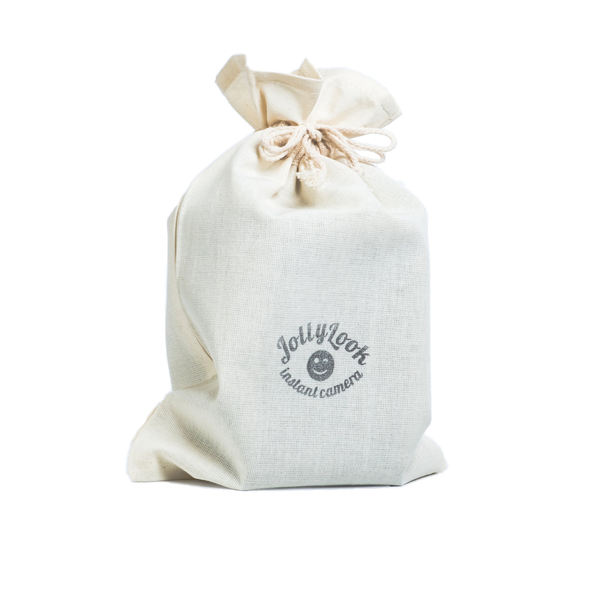 Fabric eco-friendly bag with the Jollylook camera in it against a white background, featuring the Jollylook logo and an official seal prominently displayed on its surface. 