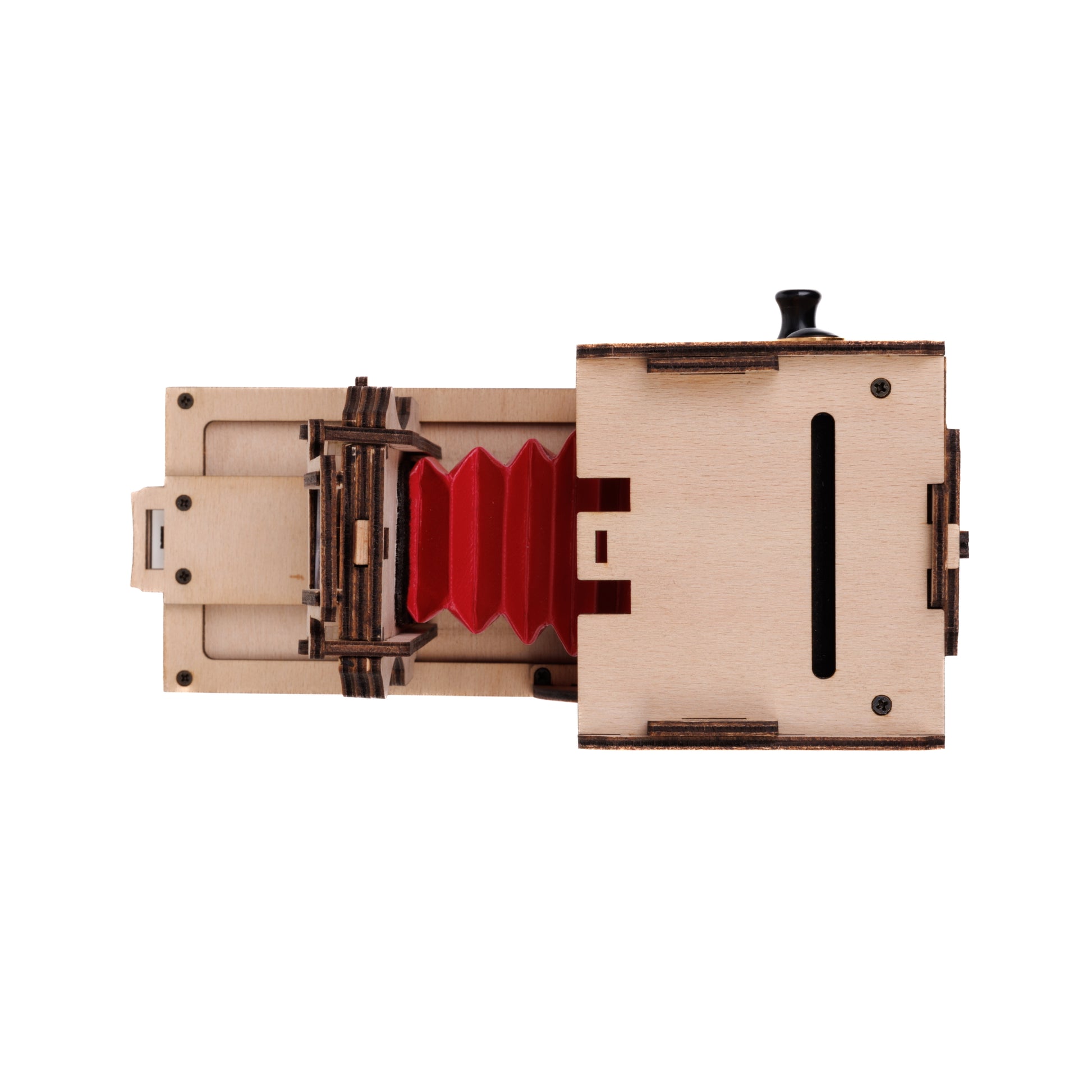 Unfolded Pre-assembled Pinhole Instant Mini Film Camera in Natural wood against white background